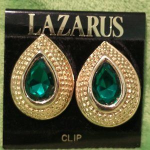 Vintage Lazarus Gold Tone Clip on Earrings with Green Crystal